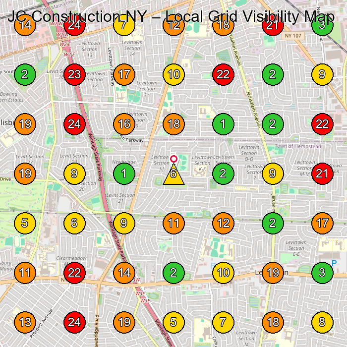 JC Construction NY General Contractor GeoGrid ranking map for Levittown NY